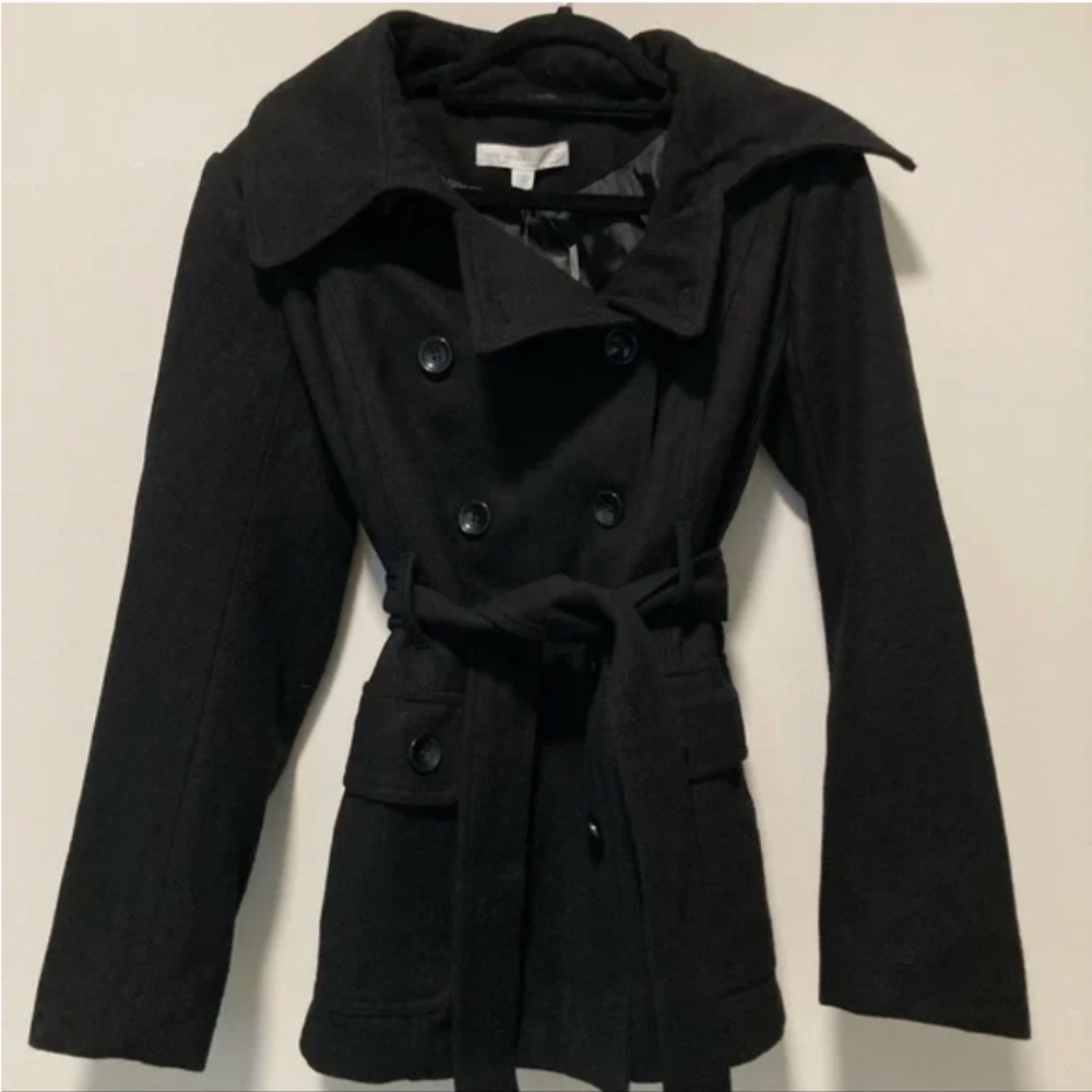 New York & Company Black Double-Breasted Pea Coat with Belt